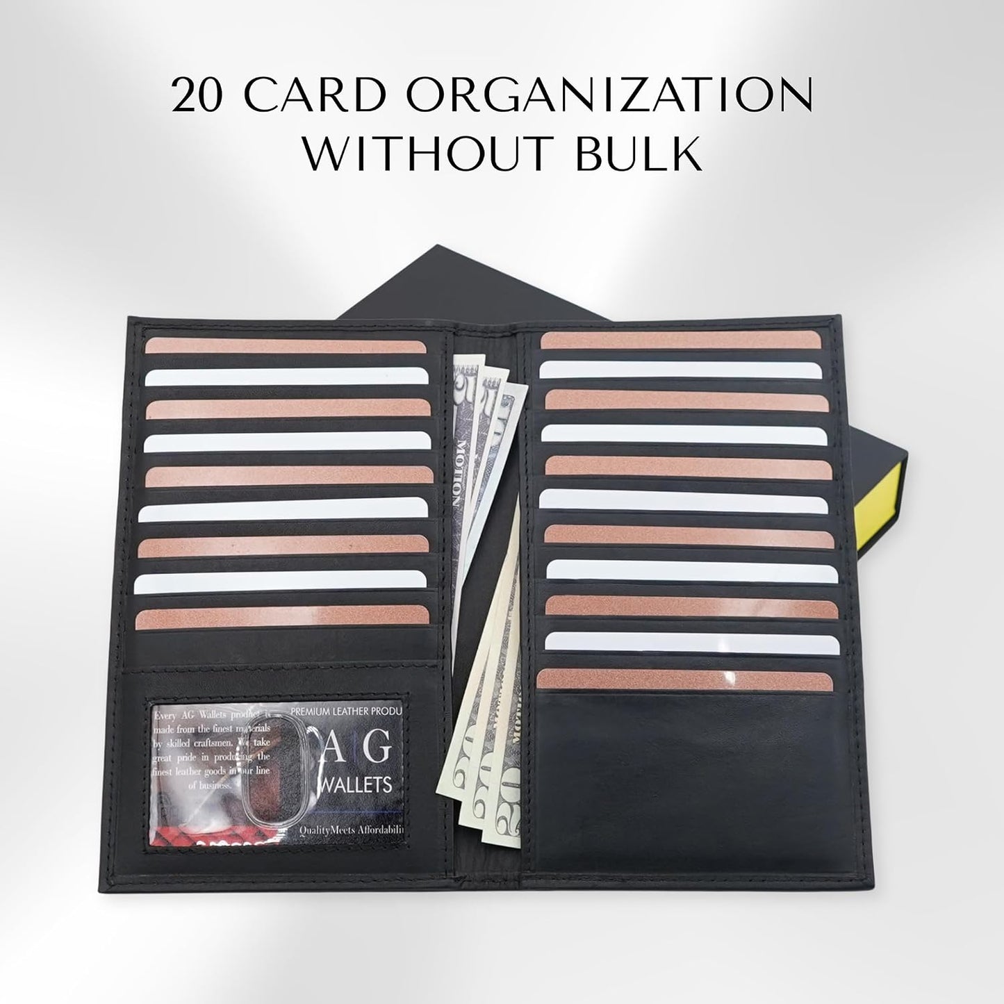 HOT20 Card Wallet for Men, Long RFID Leather Credit Card Holder, Black | 2 Bill Compartments | ID Window | Open Bifold | Organized Carry | Jacket Friendly