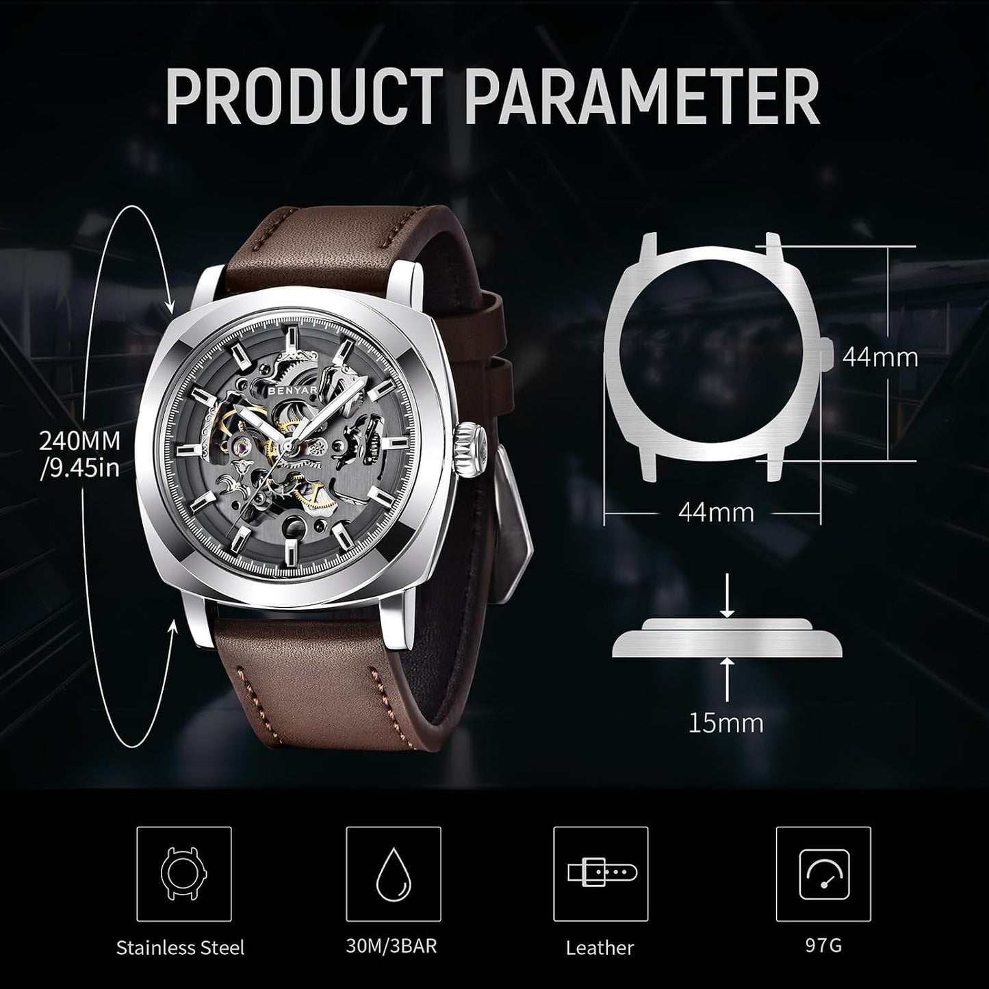 HOTBENYAR Men's Mechanical Automatic Watch | Leather Strap | Gold Movement | 45mm Skeleton Dial | Water Resistant and Scratch Resistant Stylish Gift