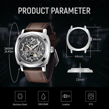HOTBENYAR Men's Mechanical Automatic Watch | Leather Strap | Gold Movement | 45mm Skeleton Dial | Water Resistant and Scratch Resistant Stylish Gift