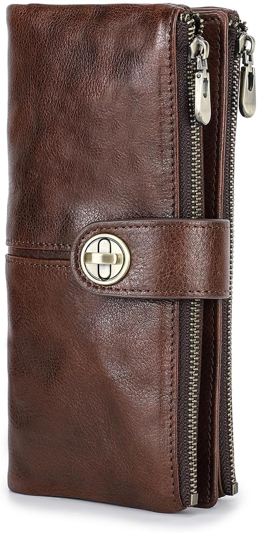 HOTCONTACTS Full Grain Leather Turnlock Wallet for Women Double Zipper Clutch Purse Compatible with AirTag Phone Organizer Rfid Wallet with 18 Card Slots (Brown)