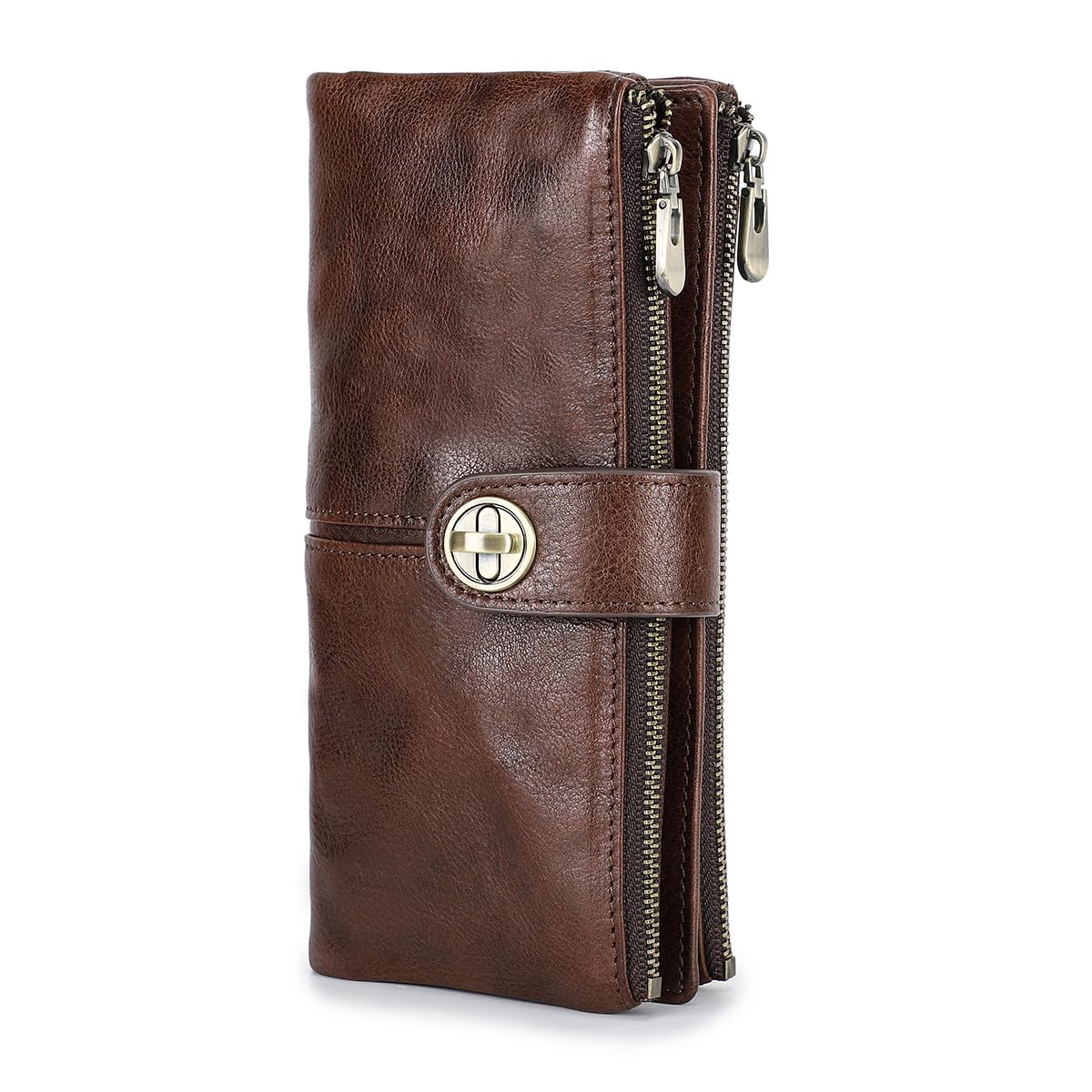 HOTCONTACTS Full Grain Leather Turnlock Wallet for Women Double Zipper Clutch Purse Compatible with AirTag Phone Organizer Rfid Wallet with 18 Card Slots (Brown)