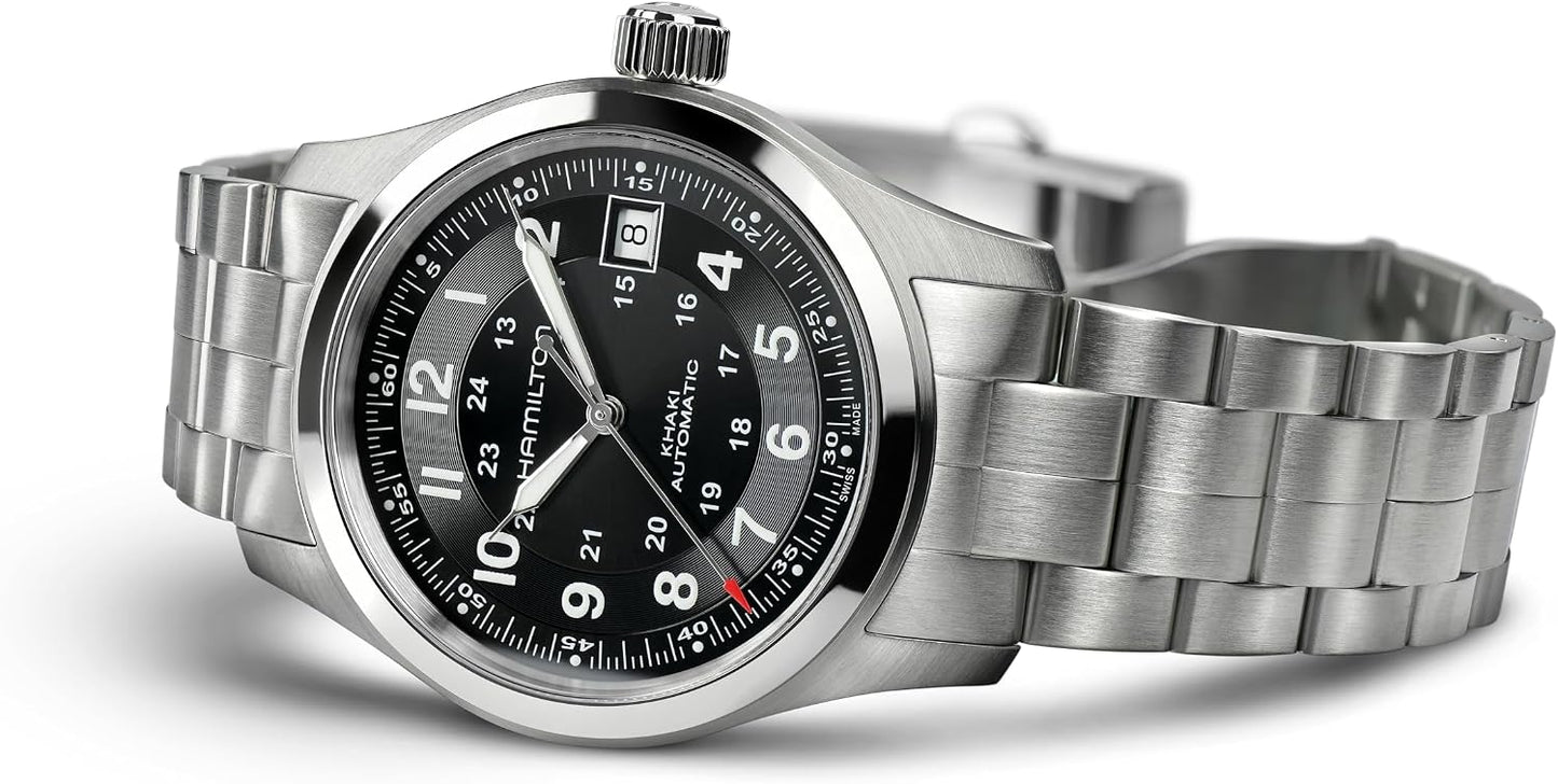 HOTHamilton Khaki Field Automatic Men's Watch, 38mm Stainless Steel Case, Swiss Made, Black Dial Analog Wrist Watch for Men, 100m Waterproof, Sapphire Crystal, 3-Hand Movement, Stainless Steel Strap