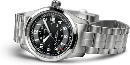 HOTHamilton Khaki Field Automatic Men's Watch, 38mm Stainless Steel Case, Swiss Made, Black Dial Analog Wrist Watch for Men, 100m Waterproof, Sapphire Crystal, 3-Hand Movement, Stainless Steel Strap