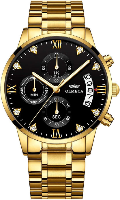HOTDREAMING Q&P Men's Watches Luxury Fashion Casual Dress Chronograph Waterproof Military Quartz Wristwatches for Men Stainless Steel Band Gold Black