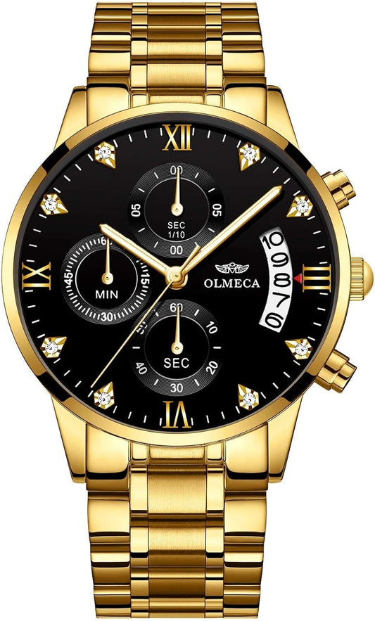 HOTDREAMING Q&P Men's Watches Luxury Fashion Casual Dress Chronograph Waterproof Military Quartz Wristwatches for Men Stainless Steel Band Gold Black