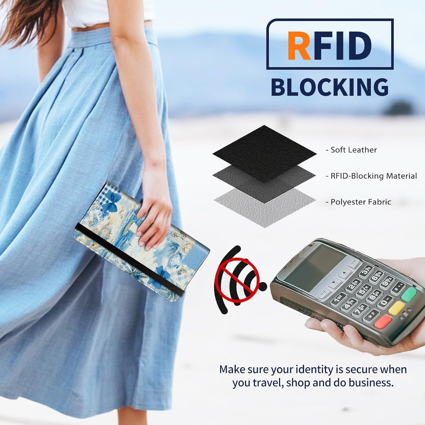 HOTPremium PU Leather Checkbook Cover for Men & Women,RFID Blocking Slim Check Book Holder with Duplicate Check Divider & Pen Holder,Fits Standard Personal Checks,Coastal Beach Blue Bow