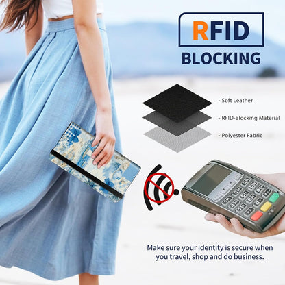 HOTPremium PU Leather Checkbook Cover for Men & Women,RFID Blocking Slim Check Book Holder with Duplicate Check Divider & Pen Holder,Fits Standard Personal Checks,Coastal Beach Blue Bow