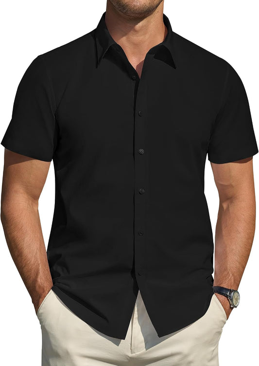 HOTJ.VER Men's Short Sleeve Dress Shirts Stretch Stain Shield Casual Button Down Shirts Solid Formal Shirt
