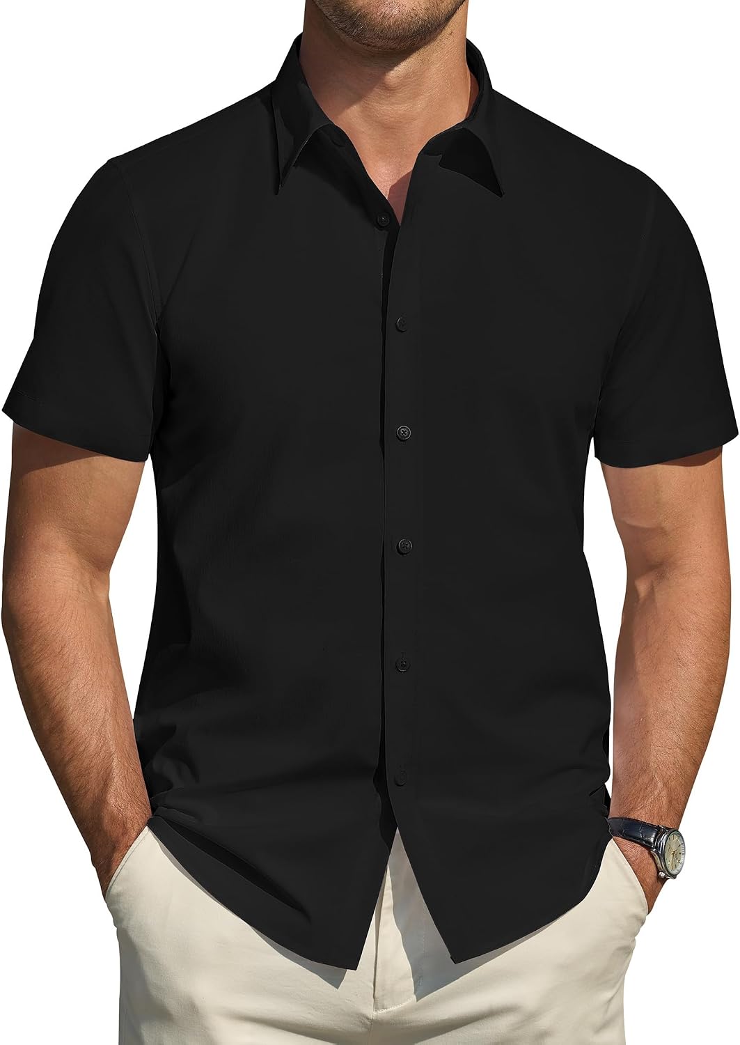 HOTJ.VER Men's Short Sleeve Dress Shirts Stretch Stain Shield Casual Button Down Shirts Solid Formal Shirt
