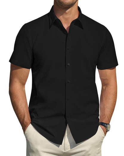 HOTJ.VER Men's Short Sleeve Dress Shirts Stretch Stain Shield Casual Button Down Shirts Solid Formal Shirt