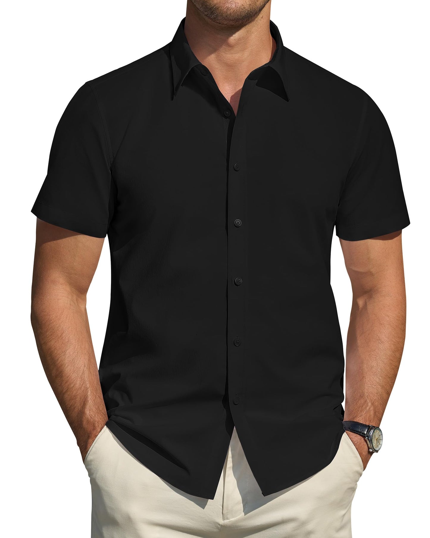 HOTJ.VER Men's Short Sleeve Dress Shirts Stretch Stain Shield Casual Button Down Shirts Solid Formal Shirt