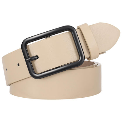 HOTWERFORU Women Classic Black Leather Belt With Square Silver Buckle For Jeans Pants,1.3" width