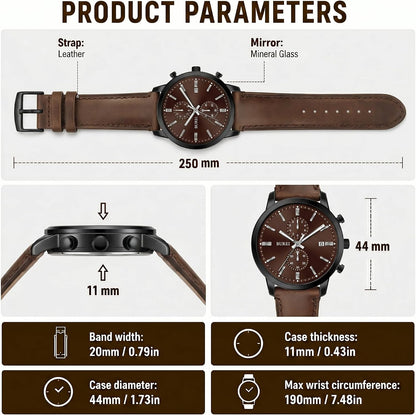 HOTBUREI Men's Leather Watches Chronograph Quartz Watches for Men Classic Cool Lightweight Wristwatch,Gift for Dad Husband Boyfriend