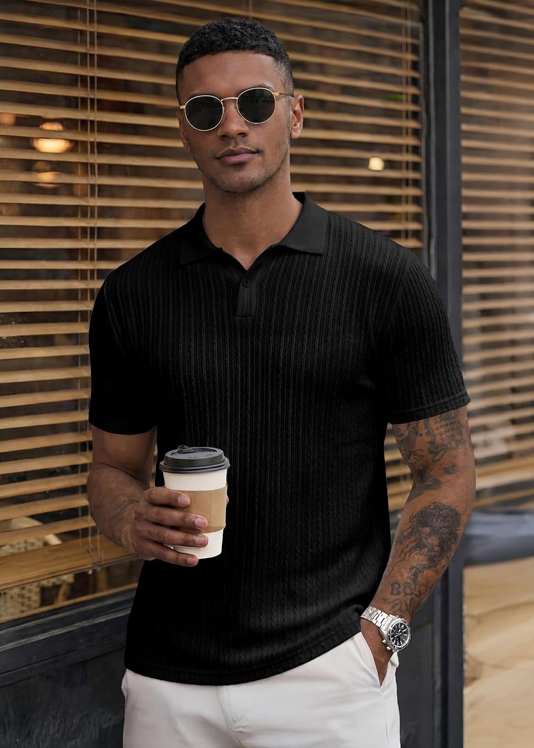 HOTJMIERR Mens Casual Polo Shirt Summer Short Sleeve Vacation Button Beach Knit Stretchy Golf Shirts