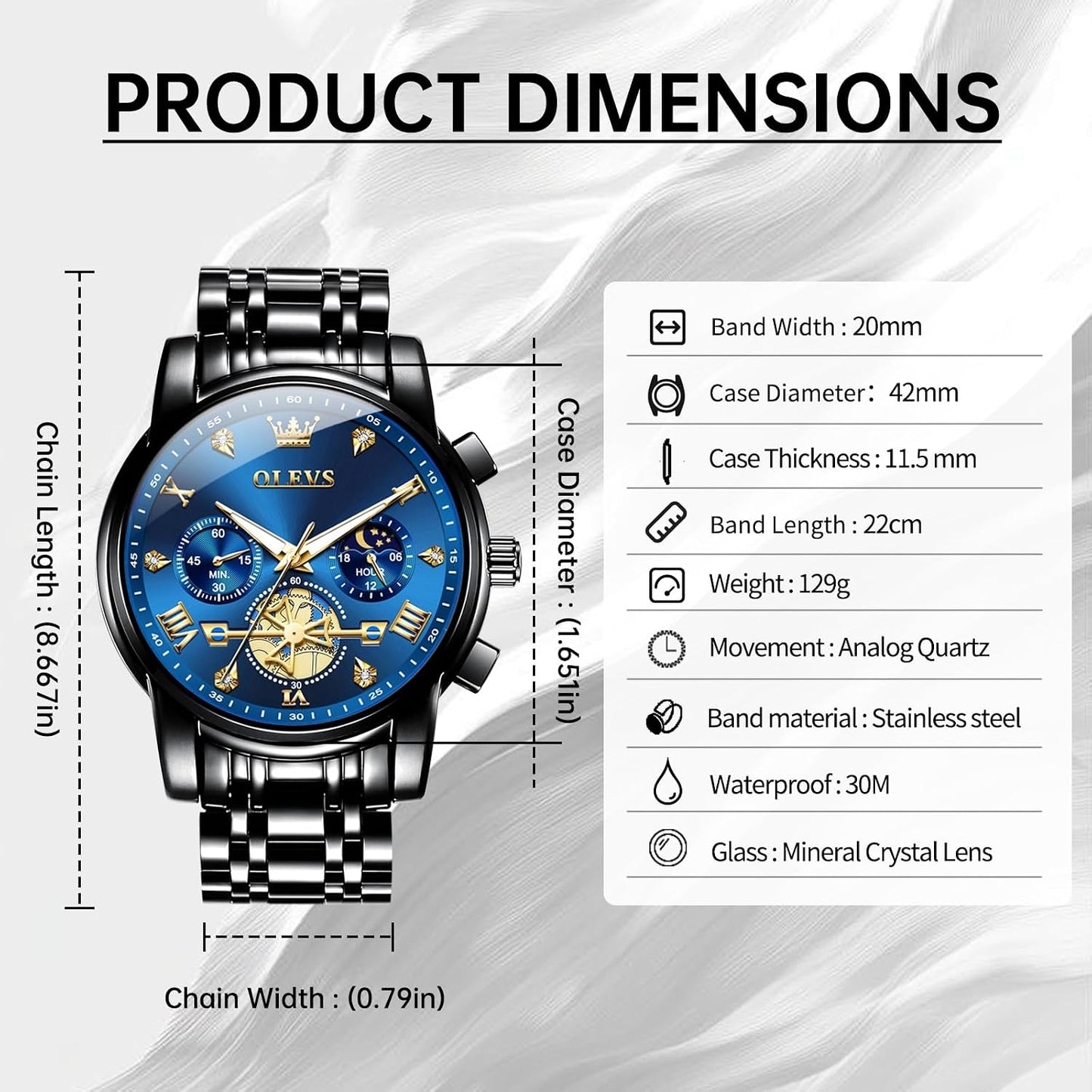 HOTOLEVS Watches Men Stainless Steel Chronograph Watch Luxury Big Face Man Dress Watches Waterproof Roman Numeral Analog Quartz Men Wrist Watch Diamond Relojes para Hombre(Silver/Black/Gold/Red/Blue)