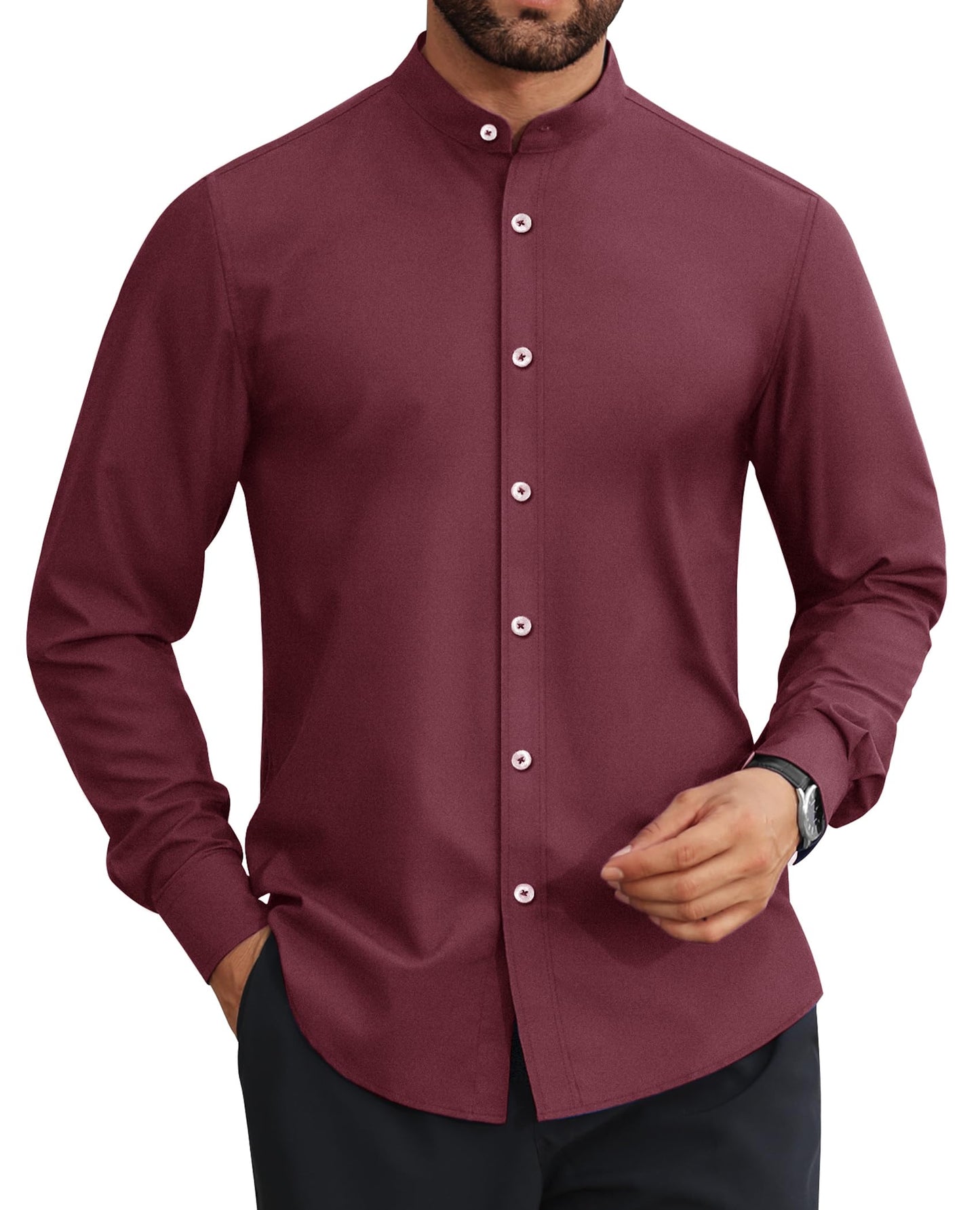 HOTLion Nardo Mens Dress Shirts Wrinkle Free Dress Shirts for Men Long Sleeve Button Down Shirts Banded Collar Shirts