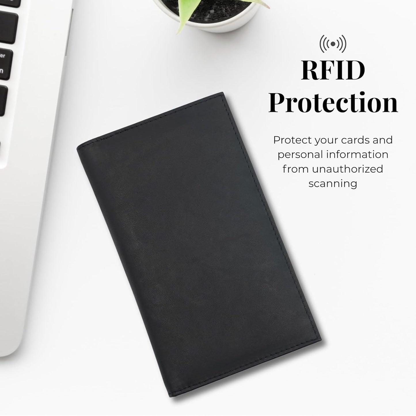 HOT20 Card Wallet for Men, Long RFID Leather Credit Card Holder, Black | 2 Bill Compartments | ID Window | Open Bifold | Organized Carry | Jacket Friendly