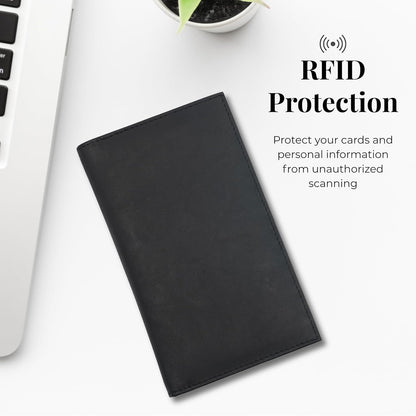 HOT20 Card Wallet for Men, Long RFID Leather Credit Card Holder, Black | 2 Bill Compartments | ID Window | Open Bifold | Organized Carry | Jacket Friendly
