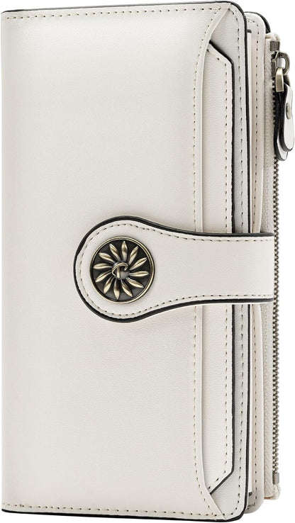 HOTTravelambo Wallets Women RFID Large Capacity Luxury Waxed Leather Clutch Wallet Multi Card Organizer(Light Purple + Beige)