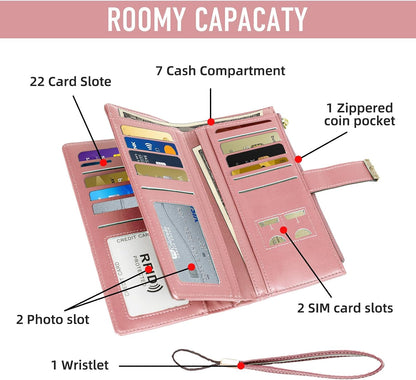 HOTGosect Women Floral Leather Wallet Large Capacity RFID Blocking Designer Trifold Card Holder with ID Window Coin Pockets Wristlet