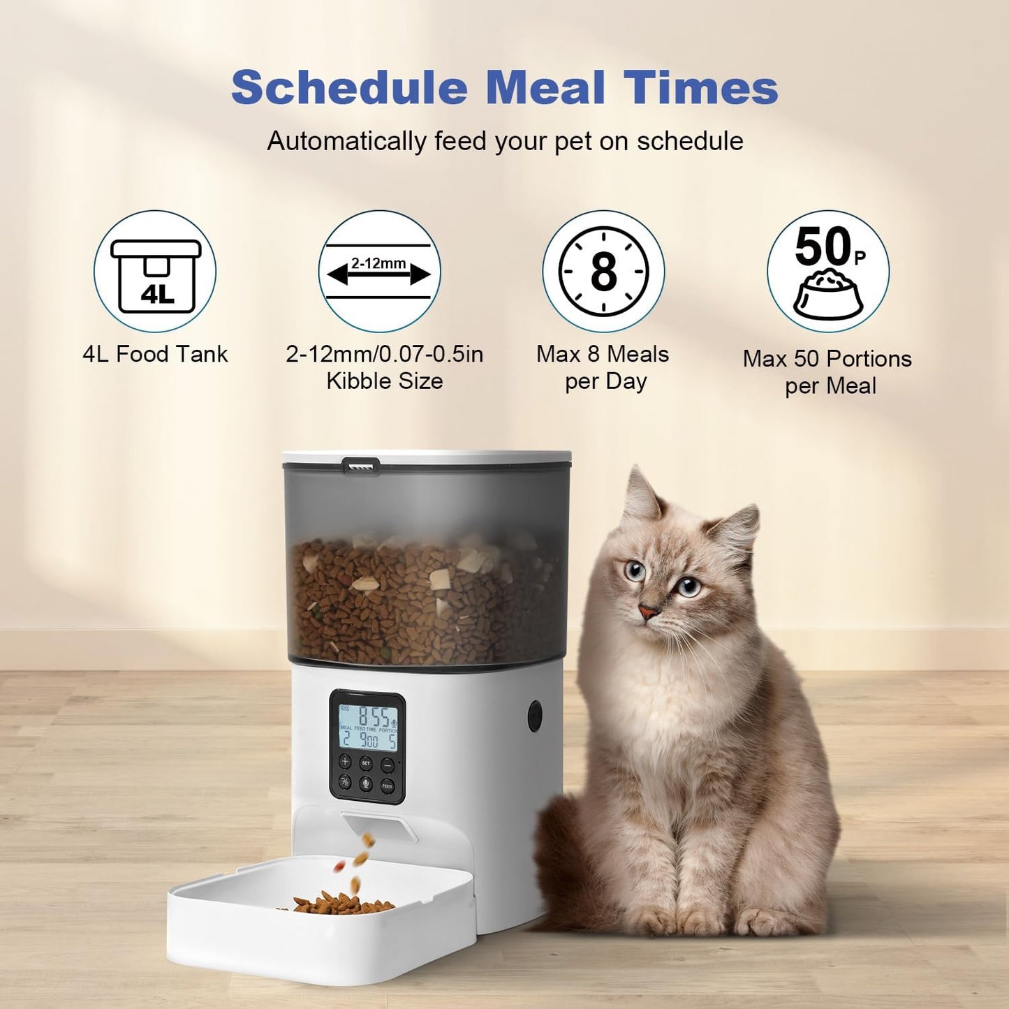 HOTANDOLL HOME Automatic Cat Feeder, 4L Cat Food Dispenser with 10s Voice Recorder, Pet Feeder up to 8 Meals per Day, Timed Dog Feeder with Dry Food Sealed Ring