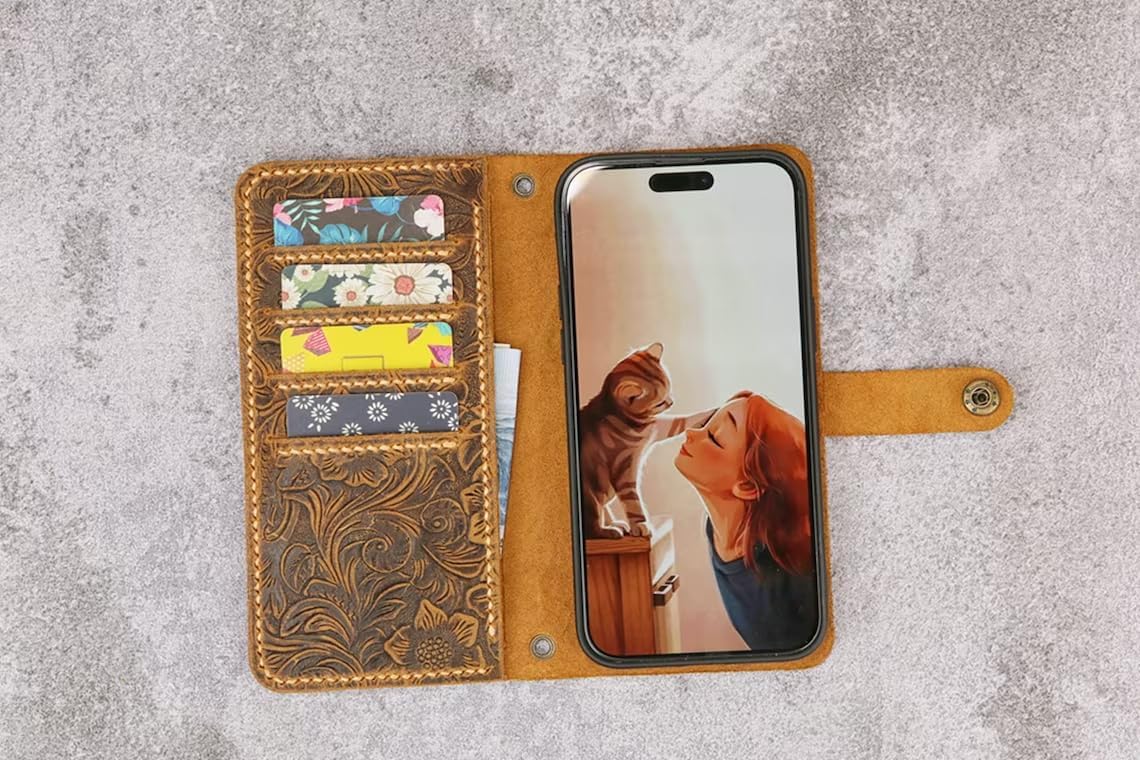 HOTTooled Leather Phone Wallet Case Compatible with iphone 17 16 15, Hand-Sewn Saddle Stitch, 4 Card Slots, Wrist Strap, Snap Folio