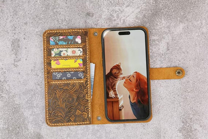 HOTWomen embossing leather wallet case for iPhone 17/16/15/14/13 pro,tooled leather,Hand-Sewn Saddle Stitch, 4 Card Slots, Wrist Strap, Snap Folio IP20MW-B