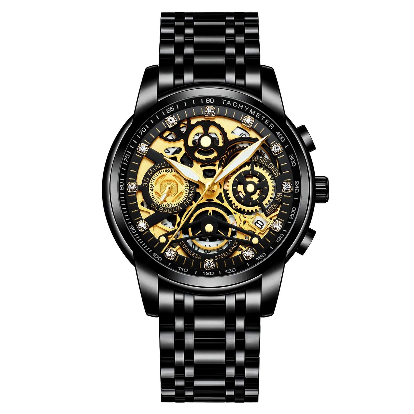 HOTNEKTOM Watches for Men with Stainless Steel, Quartz Analog Watch with Date, Luxury Minimalist Dress Mens Watches, Chronograph Watch, 3ATM Waterproof, Black Wristwatch, Gifts for Men
