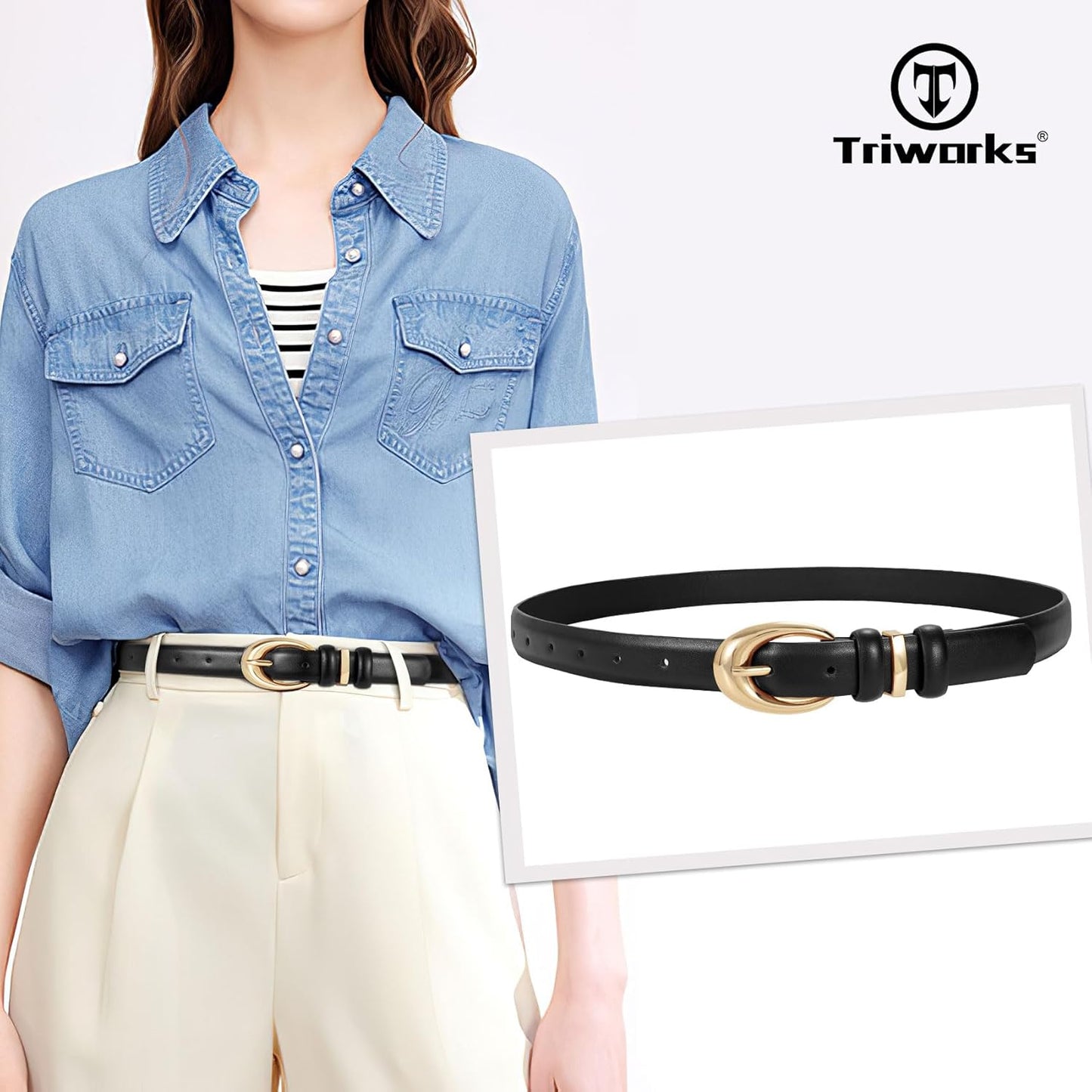 HOTTRIWORKS Women Leather Belt for Jeans Pants Fashion Ladies Skinny Faux Leather Dress belt with Gold Buckle