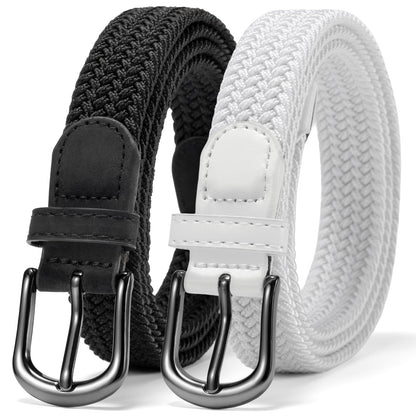 HOT2 Pack Braided Belt for Women, Elastic Woven Stretch Fabric Cloth Belt with Gold Buckle