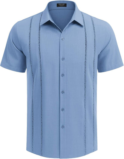 HOTCOOFANDY Men's Cuban Guayabera Shirt Short Sleeve Button Down Shirts Casual Summer Beach Linen Shirts
