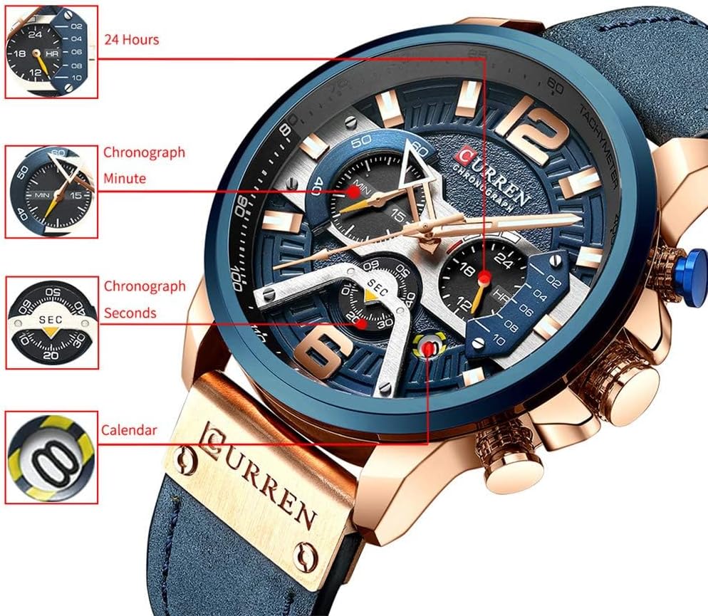 HOTFANMIS Mens Luxury Watches Business Chronograph Dress Waterproof Leather Strap Analog Quartz Wrist Watch