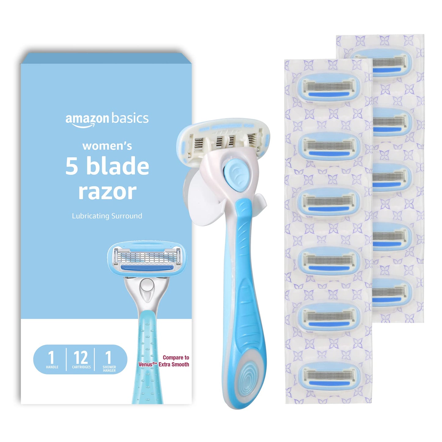 HOTAmazon Basics 5-Blade Razor Handle for Women, Includes 12 Cartridges and Shower Hanger, 14 Piece Set, Blue