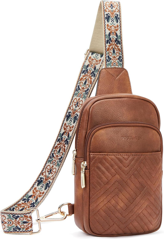 HOTBOSTANTEN Sling Bag Quilted Crossbody Bags for Women Cross Body Purse Leather Fanny Pack with Adjustable Guitar Strap