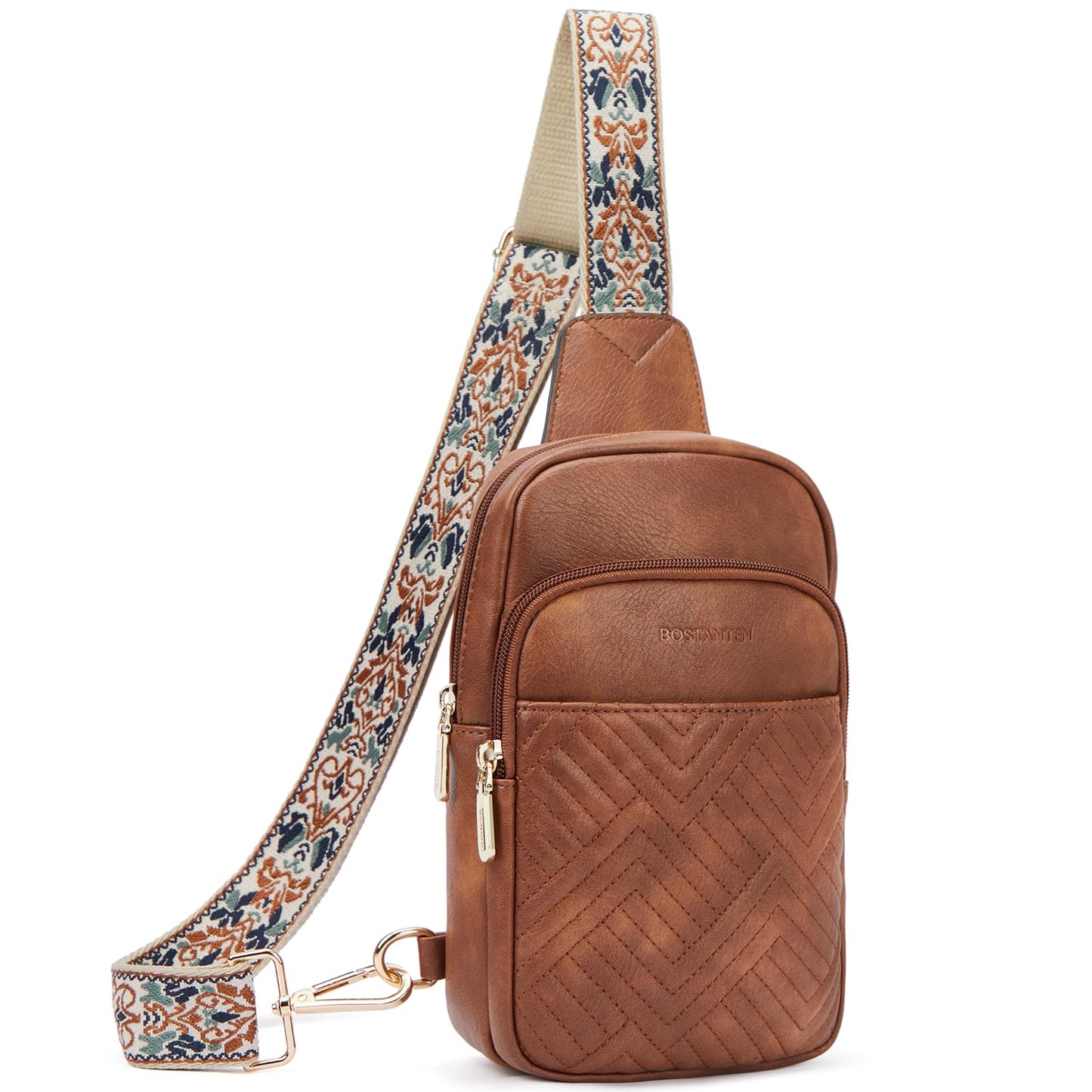 HOTBOSTANTEN Sling Bag Quilted Crossbody Bags for Women Cross Body Purse Leather Fanny Pack with Adjustable Guitar Strap