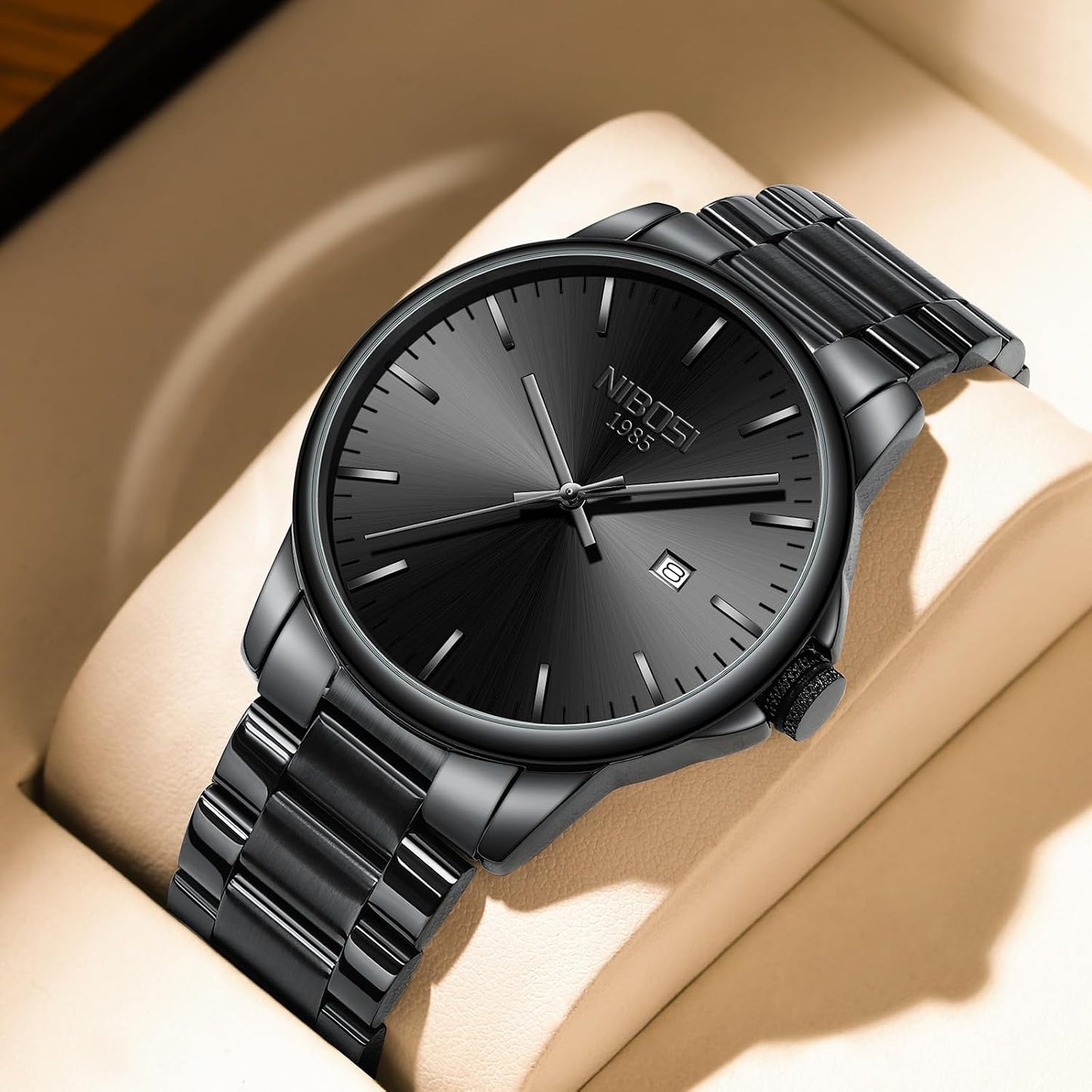 HOTNIBOSI Men Watches Analog Quartz Stainless Steel Black Watches for Men Waterproof Business Classic Watch with Day and Date Display Wrist Watch for Work and Casual Wear