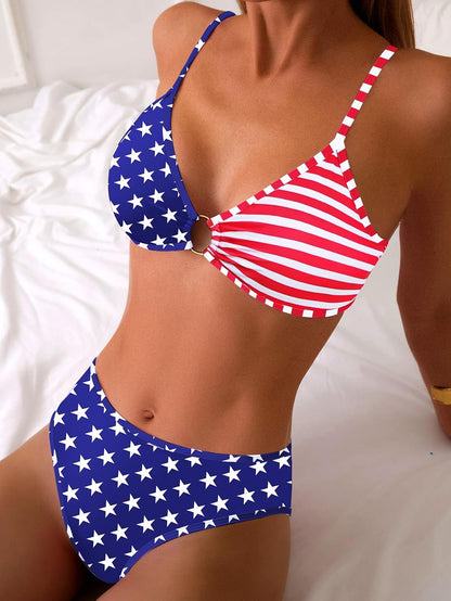 HOTTainehs Women's Two Piece Bikini Sets O Ring Front Top Ditsy Floral Triangle Swimsuits Cheeky Bathing Suit