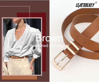 HOTLEACOOLKEY 3 Pack Women's Leather Belts for Jeans Dress Pants Fashion Ladies Leather Belts with Gold Buckle