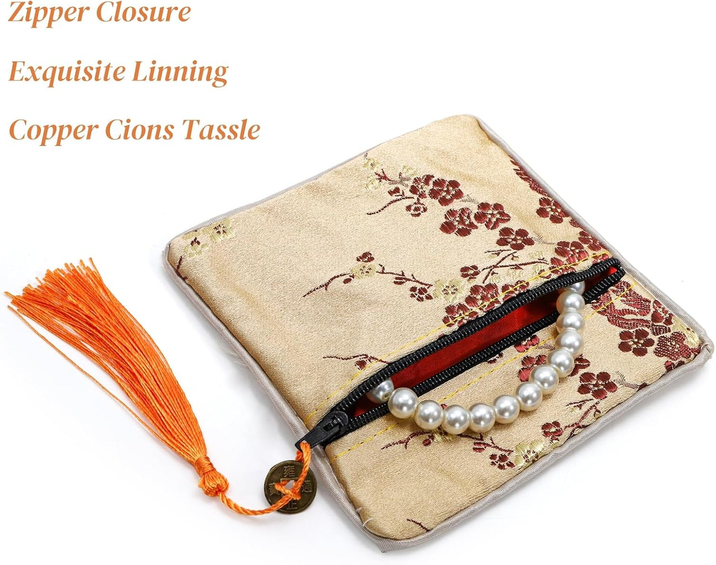 HOTZOOFOX 30 Pieces Silk Jewelry Pouch, Brocade Embroidered Coin Purse with Zipper and Tassel, Small Gift Bags for Small for Jewelry Wedding Party Favor Chinese New Year Goodie Candy Bags