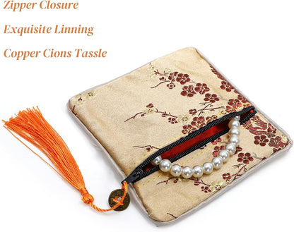 HOTZOOFOX 30 Pieces Silk Jewelry Pouch, Brocade Embroidered Coin Purse with Zipper and Tassel, Small Gift Bags for Small for Jewelry Wedding Party Favor Chinese New Year Goodie Candy Bags