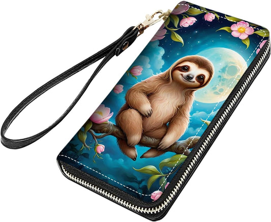 HOTCute Sloth Print Women Large Capacity PU Leather Zip Around Wallet, Multifunctional Clutch Purse for Cash/Card/Coin/Smart Phone