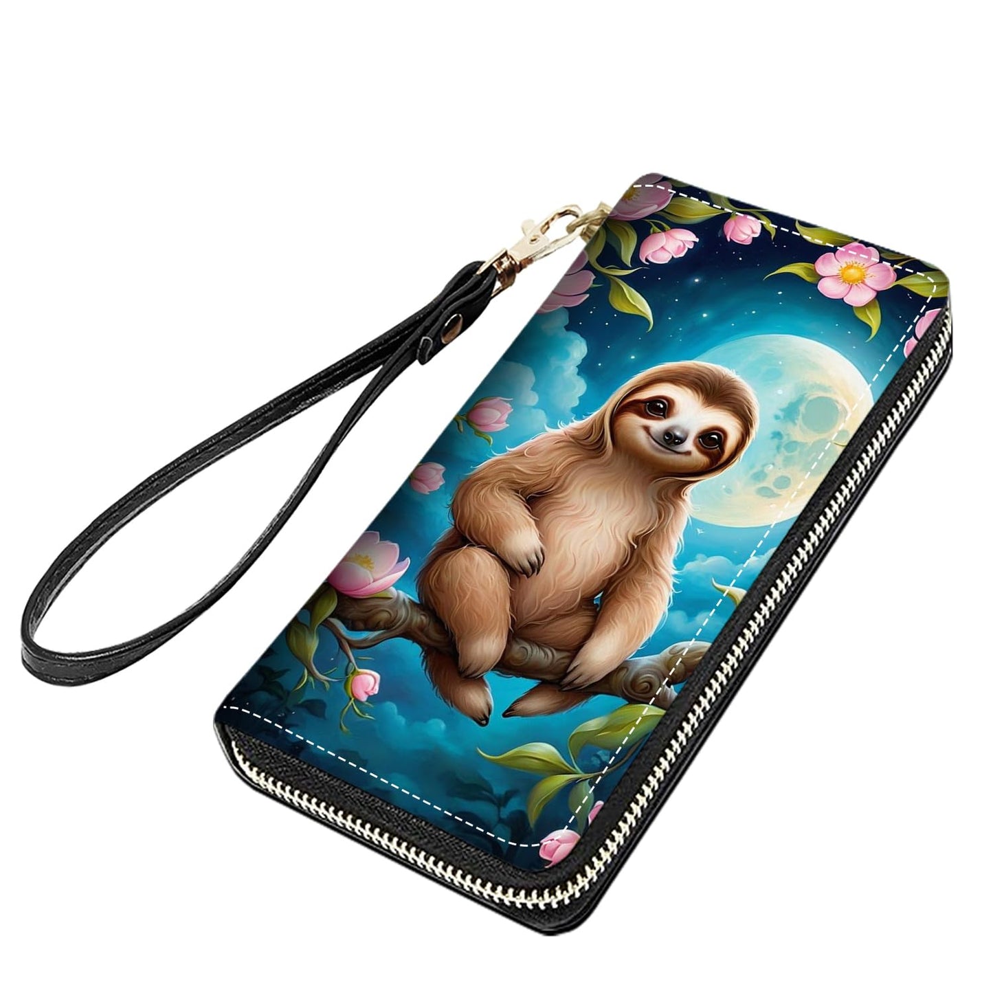 HOTCute Sloth Print Women Large Capacity PU Leather Zip Around Wallet, Multifunctional Clutch Purse for Cash/Card/Coin/Smart Phone