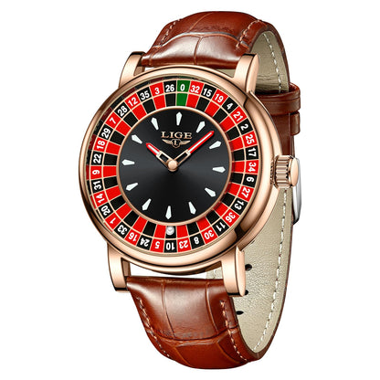 HOTMens Watches,Unique Roulette Style Quartz Analog Watch,45MM Big Face Alloy Waterproof Glowing Watch for Men,Exquisite and Durable Leather Strap,Casual Fashionable Men's Wrist Watches