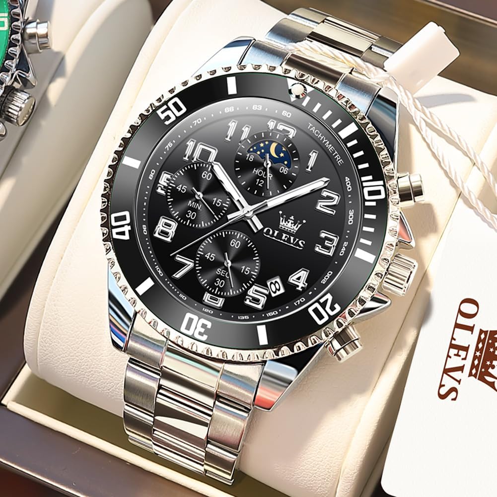 HOTOLEVS Mens Watches Chronograph Watch Luxury Dress Stainless Steel Waterproof Watches for Men Moon Phase Luminous Business Calendar Wrist Watch Blue/Black/Green/Gold/Face