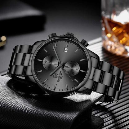 HOTGOLDEN HOUR Fashion Business Mens Watches with Stainless Steel Waterproof Chronograph Quartz Watch for Men, Auto Date
