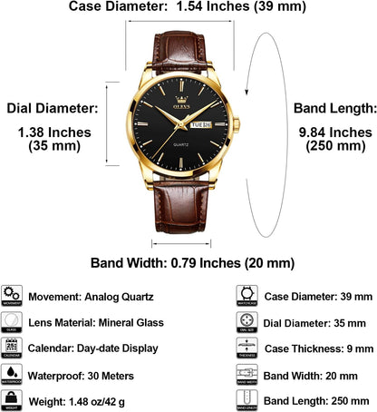 HOTQBAIZI Men's Casual Leather Watch, Easy to Read Three-Hand Analog Stainless Steel Watches for Men, Minimalist Day Date Waterproof Luminous Mens Quartz Wristwatch