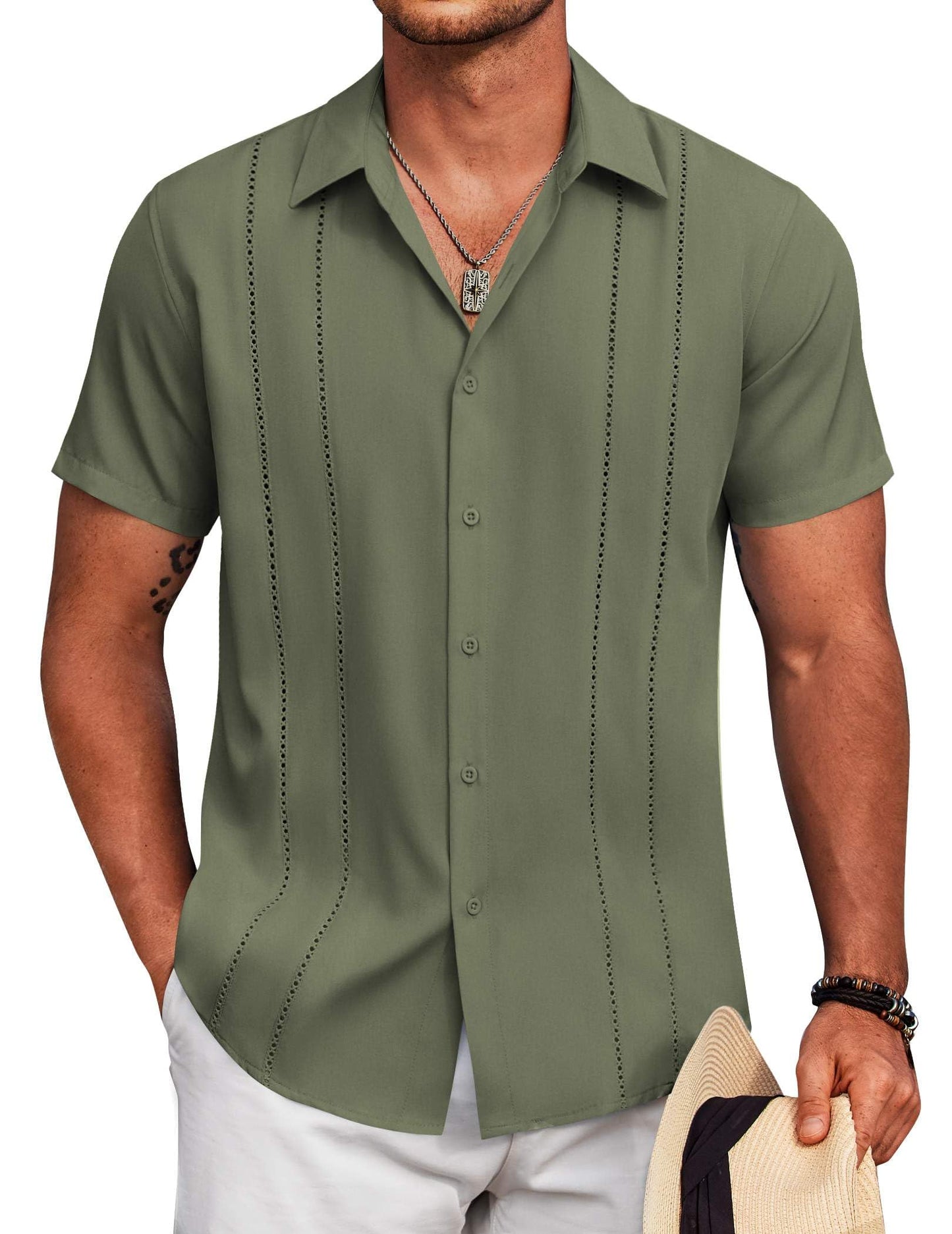 HOTCOOFANDY Mens Cuban Guayabera Shirt Short Sleeve Button Down Shirts Summer Beach Vacation Shirts