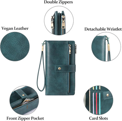 HOTGOIACII Wallet for Women RFID Blocking Card Holder Large Capacity Trifold Leather Wristlet Wallets Teal