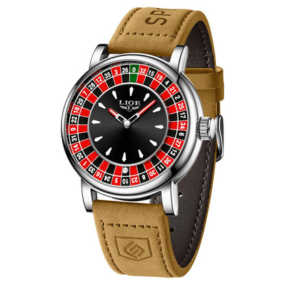 HOTMens Watches,Unique Roulette Style Quartz Analog Watch,45MM Big Face Alloy Waterproof Glowing Watch for Men,Exquisite and Durable Leather Strap,Casual Fashionable Men's Wrist Watches