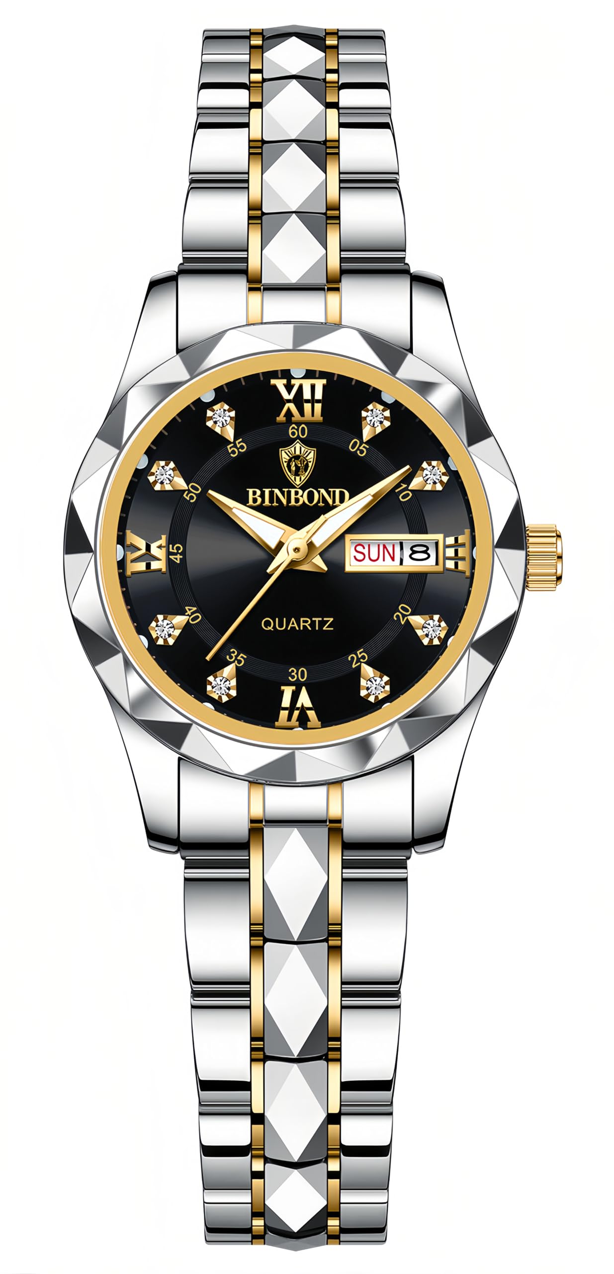 HOTGosasa Luxury Men's and Women's Business Diamond Stainless Steel Waterproof Roman Numeral Analog Quartz Watch with Day-Date Calendar, Gold and Silver Tone